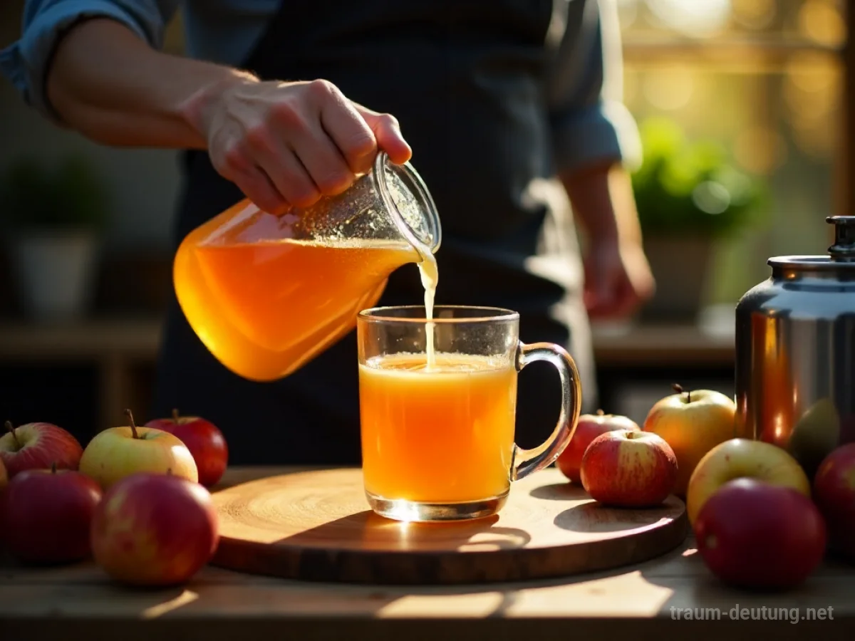 Eine Person füllt selbstgemachten Apfelwein aus einer Karaffe in eine Tasse.