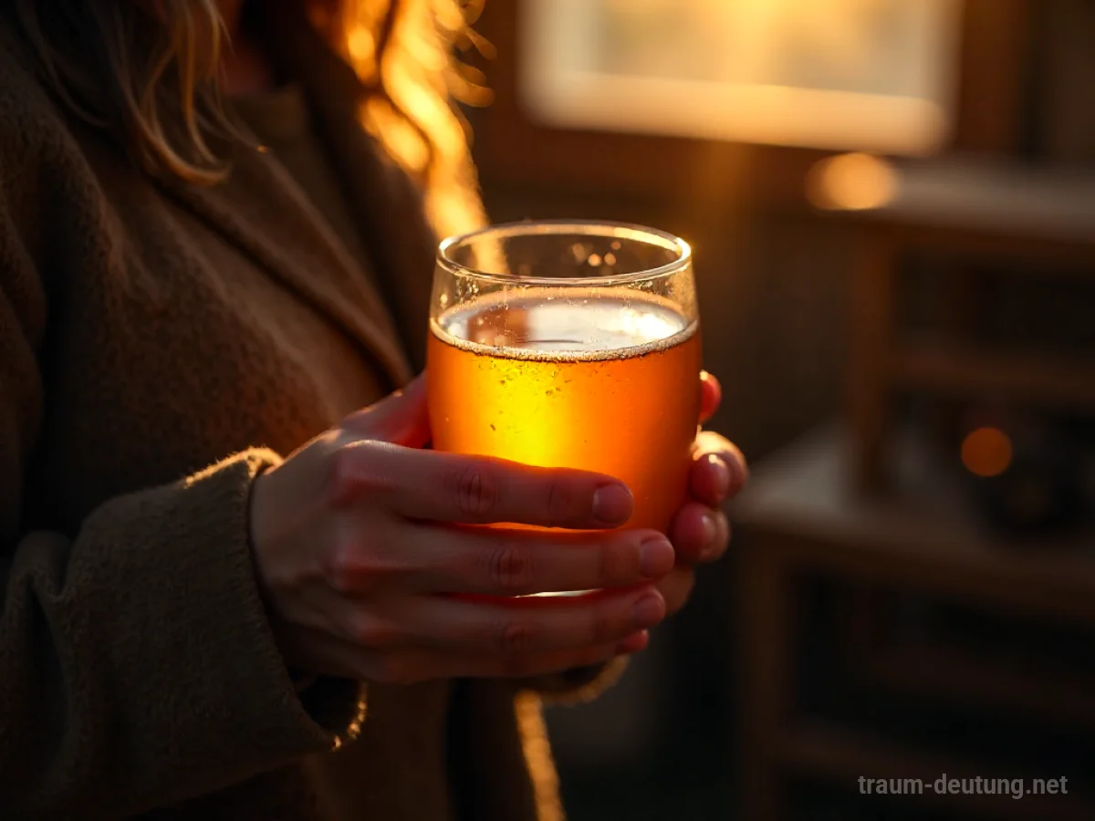 Glas mit goldenem Apfelwein in einer Hand, warme Beleuchtung