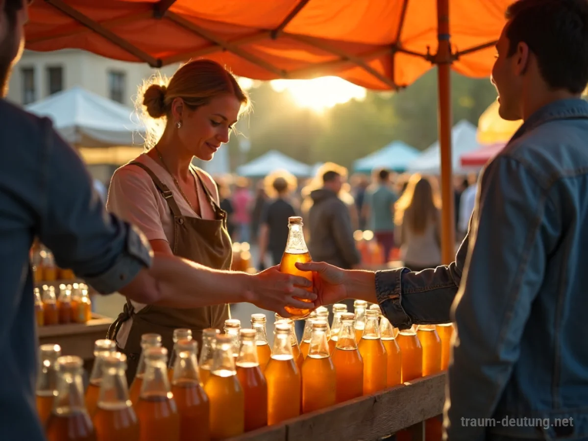 Marktstand mit Apfelwein, Verkäufer reicht Flasche an Kunden