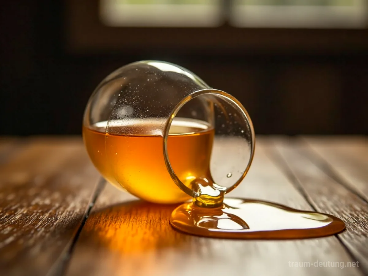 Ein Glas Apfelwein kippt um und verschüttet Flüssigkeit auf einen Tisch.