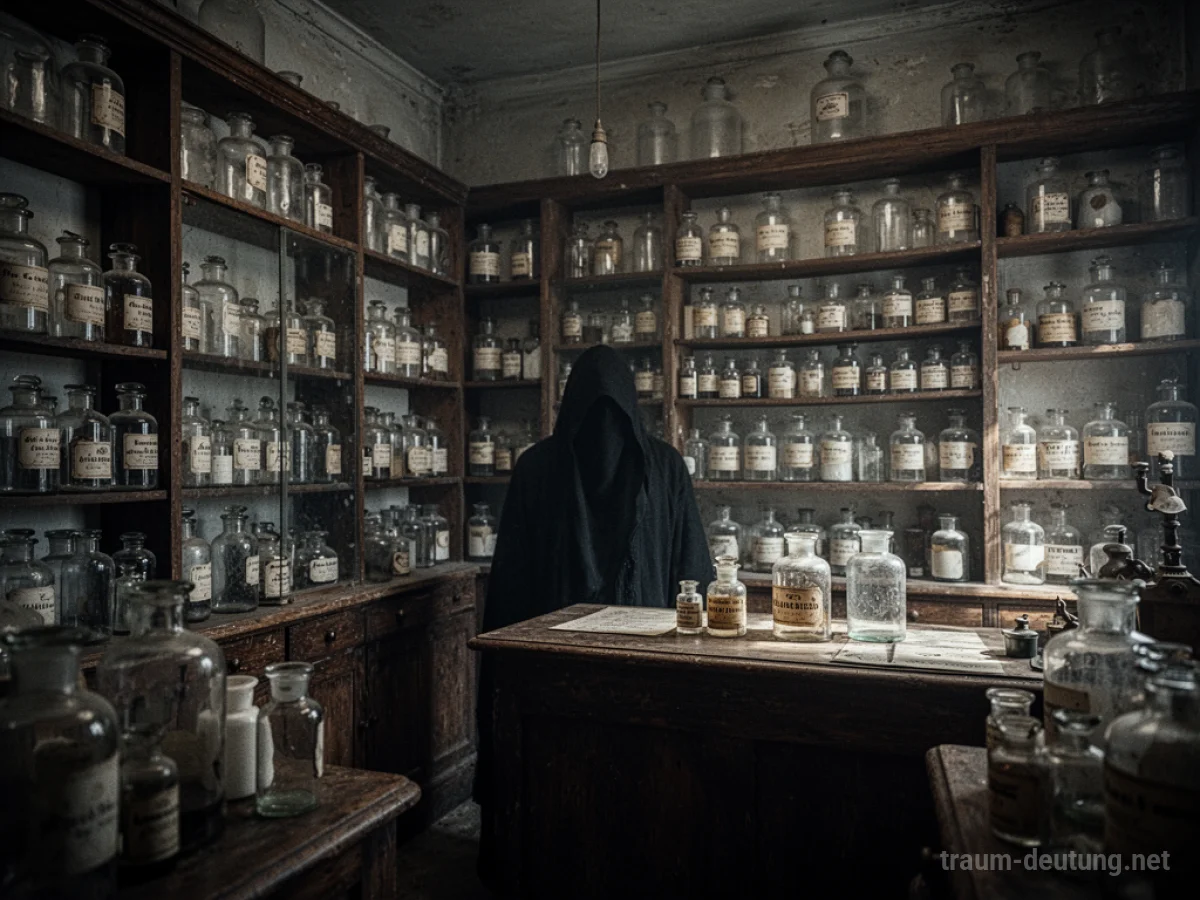 Eine dunkle Apotheke mit vielen Flaschen, hinter einem Tresen versteckt sich eine Person.