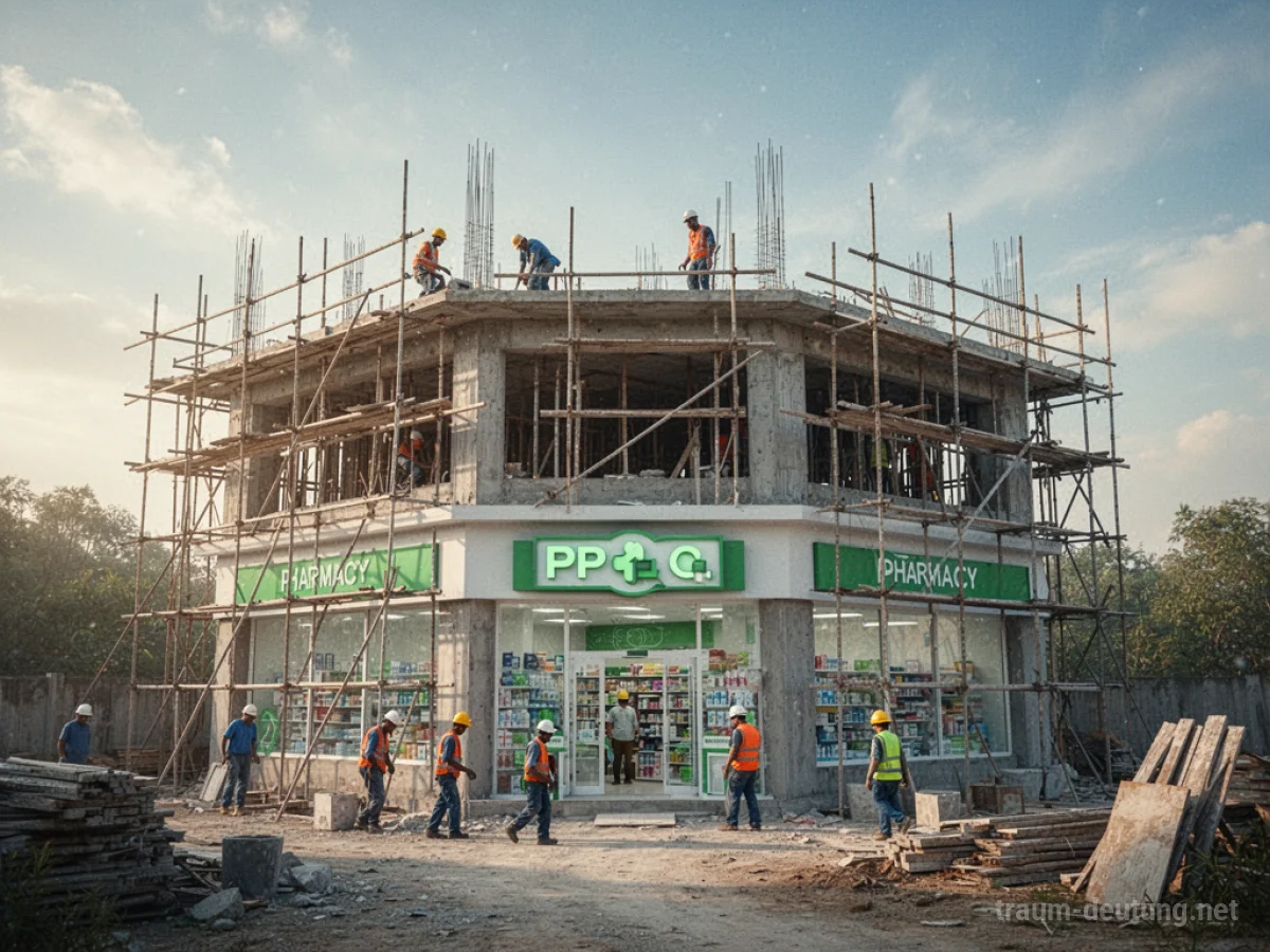 Baustelle einer Apotheke mit Gerüsten im hellen Tageslicht