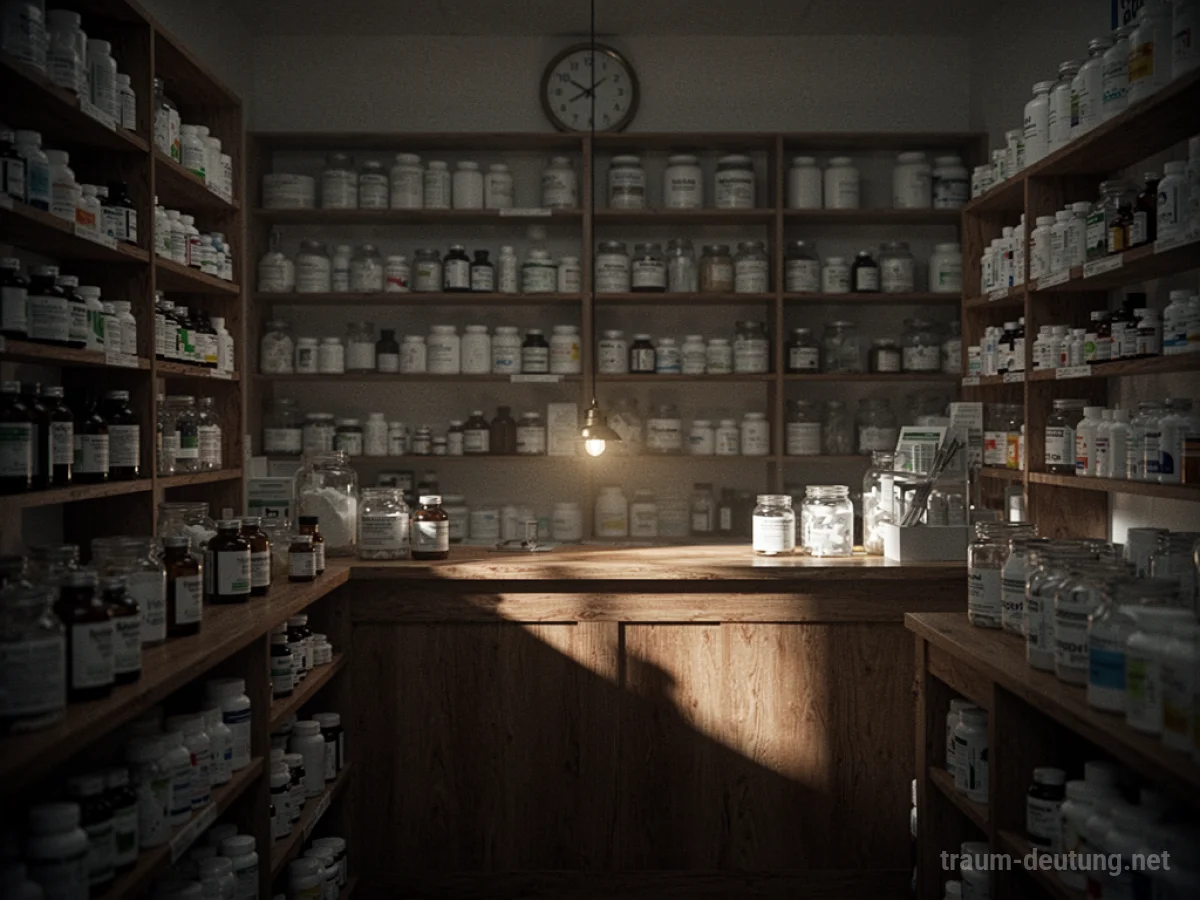 Apotheke im Dunkeln mit schattigen Regalen voller Flaschen