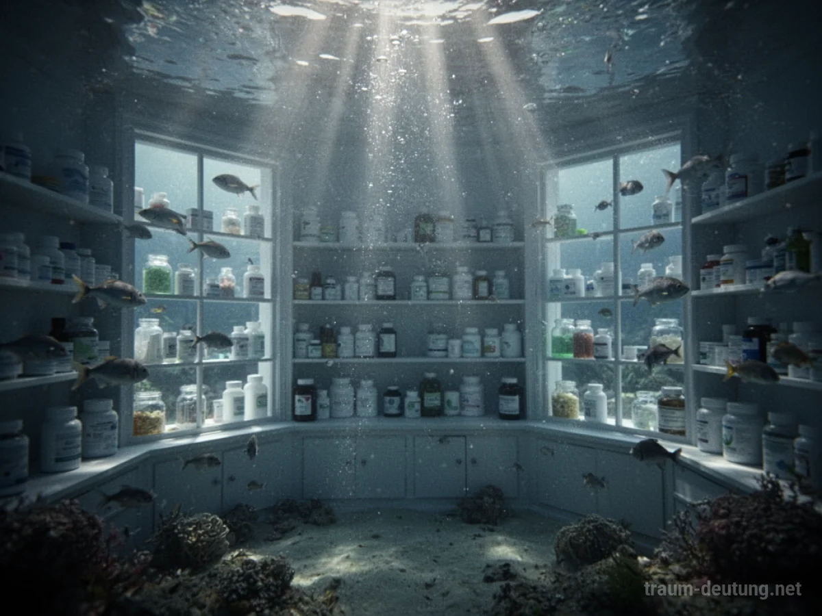 Versunkene Apotheke unter Wasser, beleuchtet von Sonnenstrahlen, mit Fischen, die vorbeischwimmen.