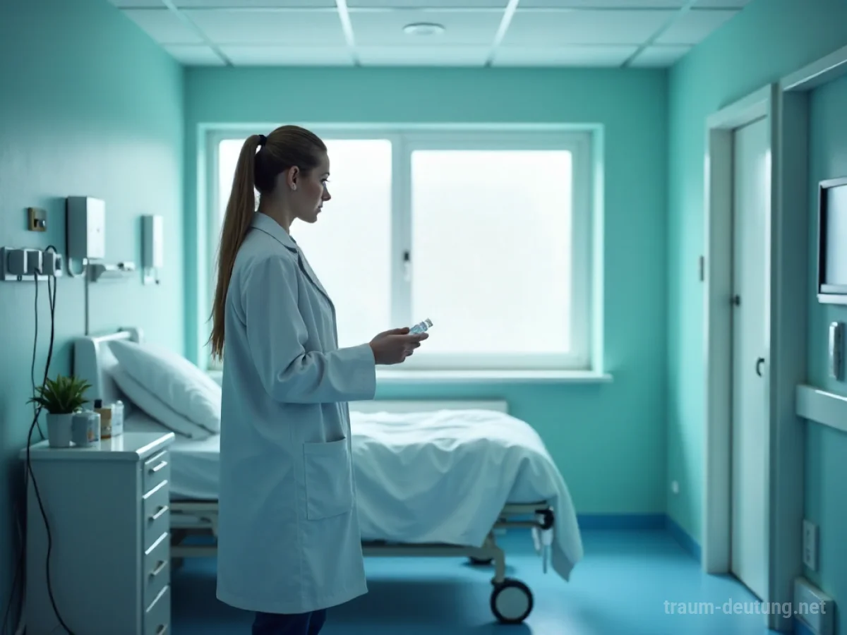 Apotheker steht ruhig in einem Krankenhauszimmer neben einem Bett.