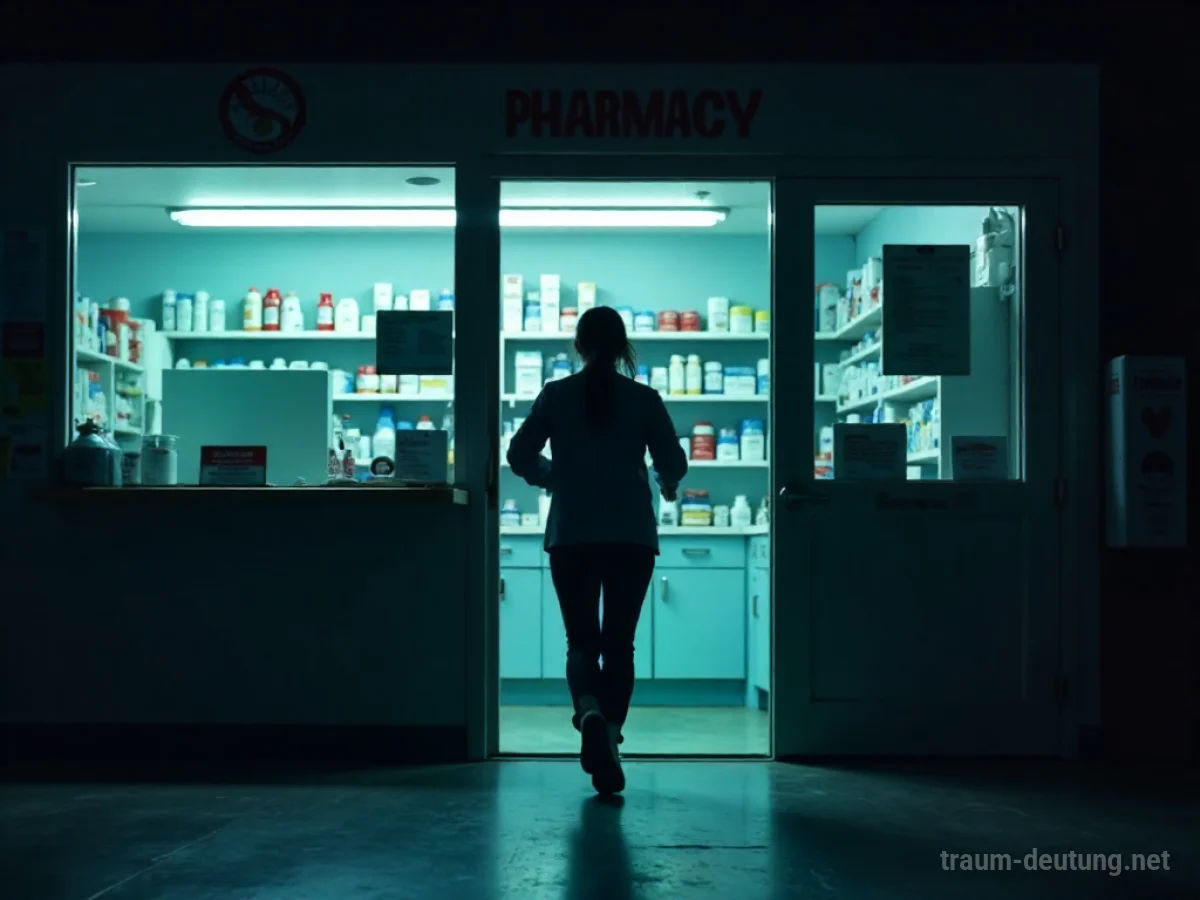 Silhouette einer Person, die eilig auf eine Apotheke im Dunkeln zugeht.
