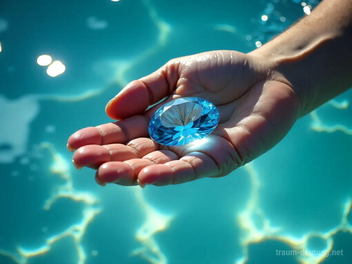 Hand hebt glitzernden Aquamarin aus klarem Wasser
