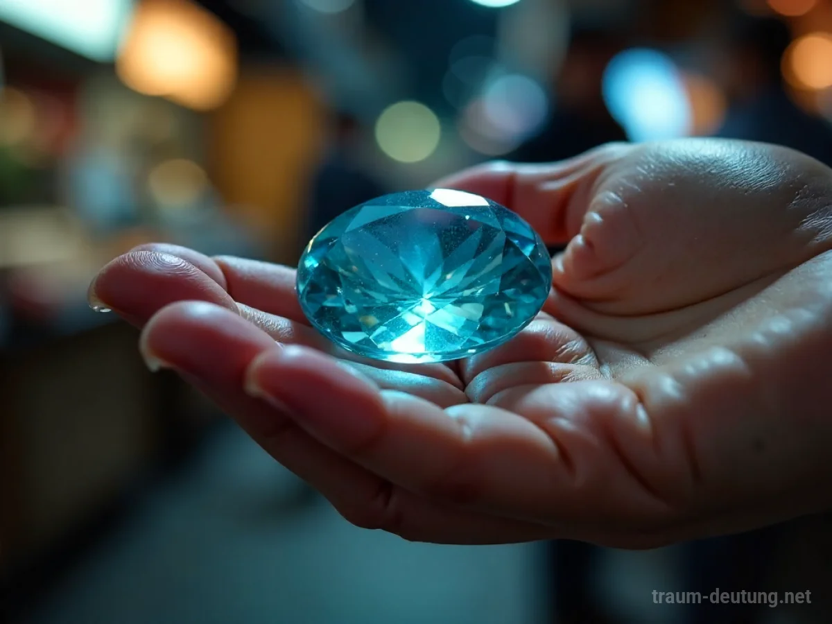 Hand hält einen leuchtenden Aquamarin Edelstein, bläuliches Licht reflektierend.