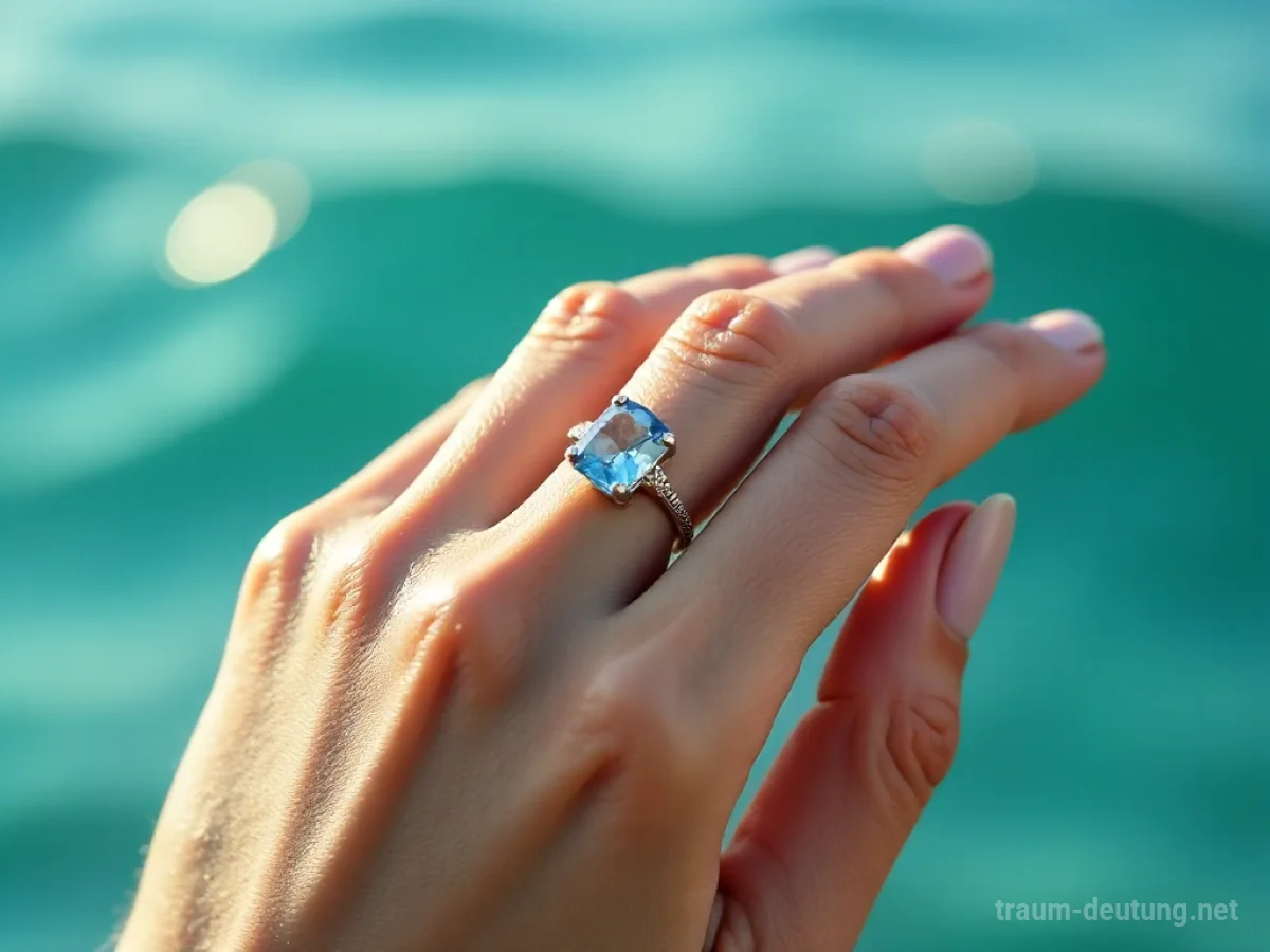 Hand mit Aquamarin-Ring über blauen Wellen