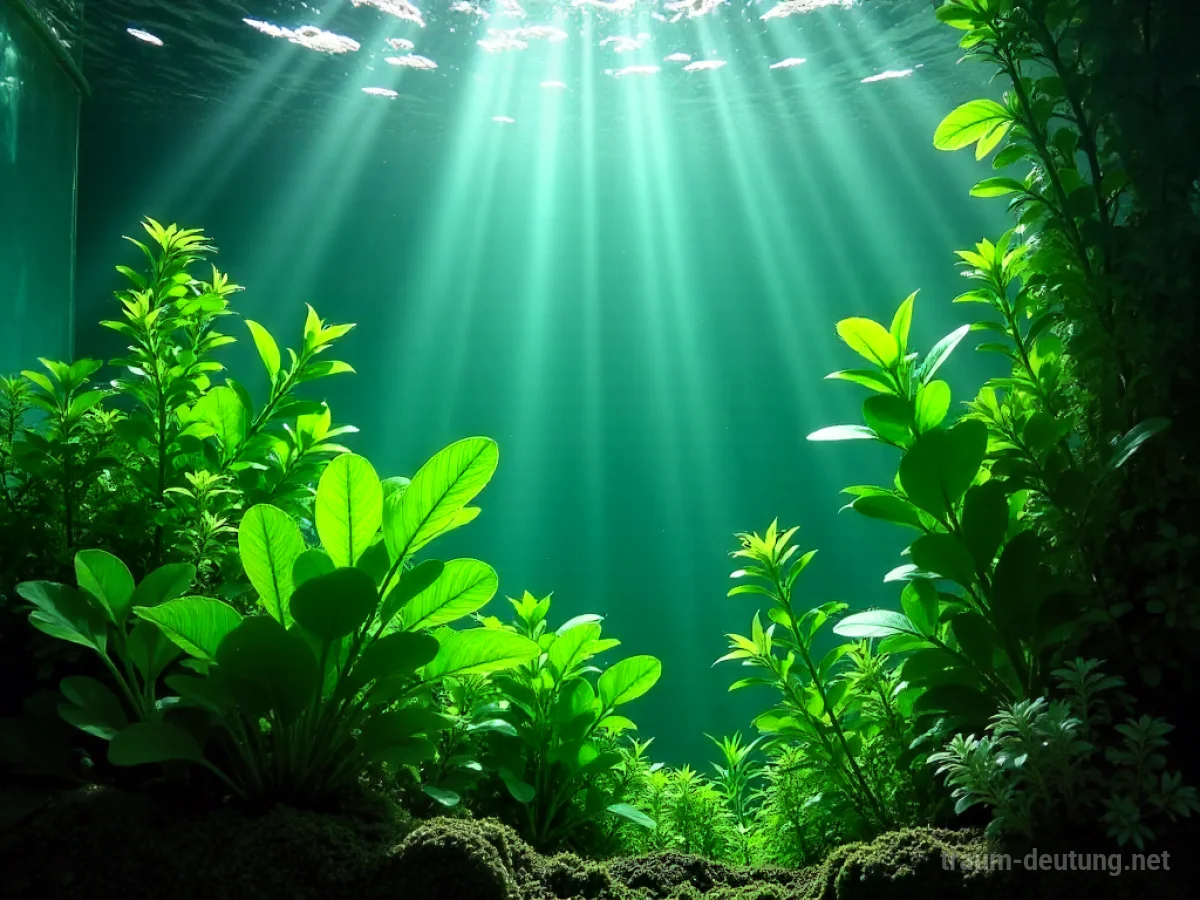 Ein Aquarium voller grüner Pflanzen unter Wasser, beleuchtet von Sonnenlicht.