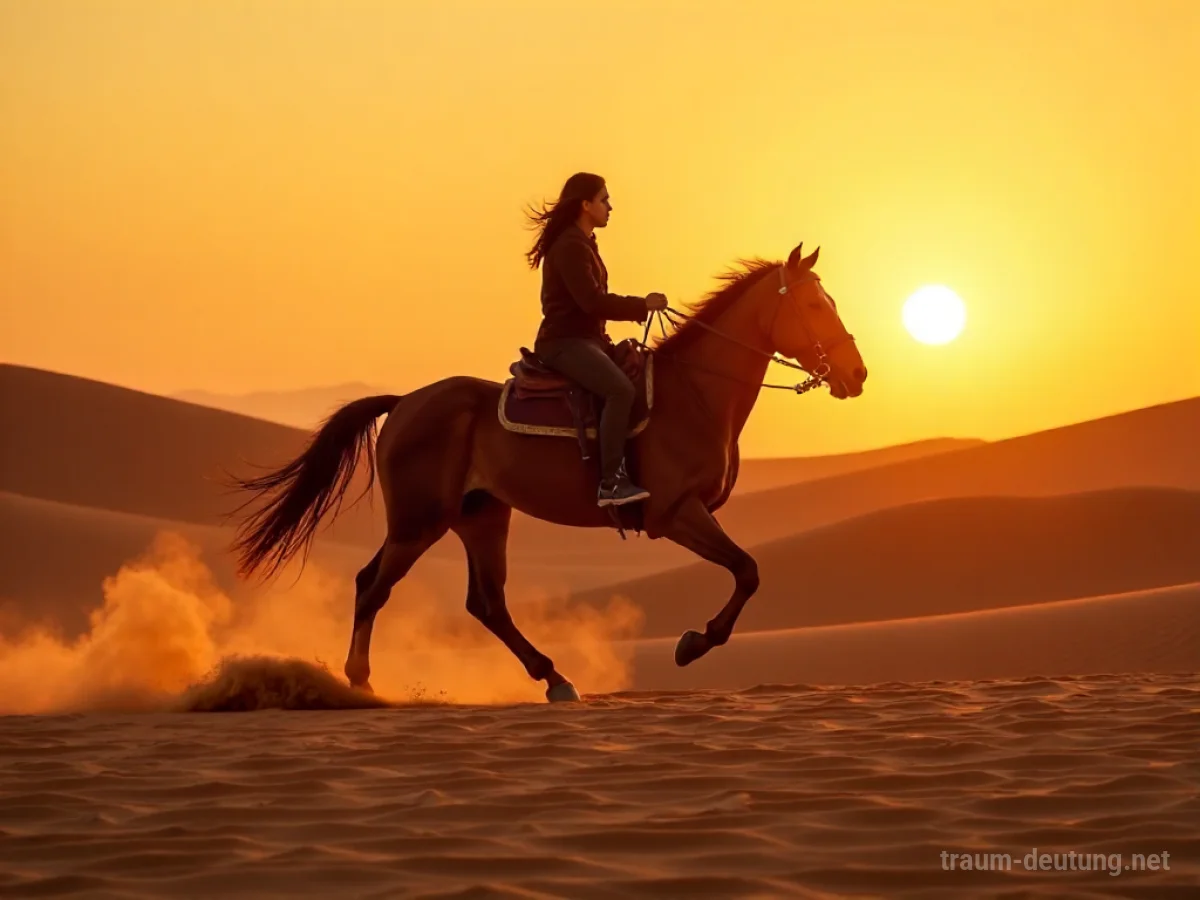 Araber auf einem galoppierenden Pferd in der Wüste bei Sonnenuntergang