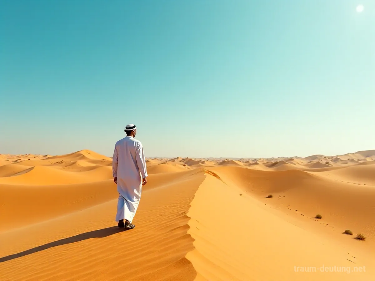 Ein Mann in arabischer Kleidung wandert durch eine weite Wüste mit Sanddünen.