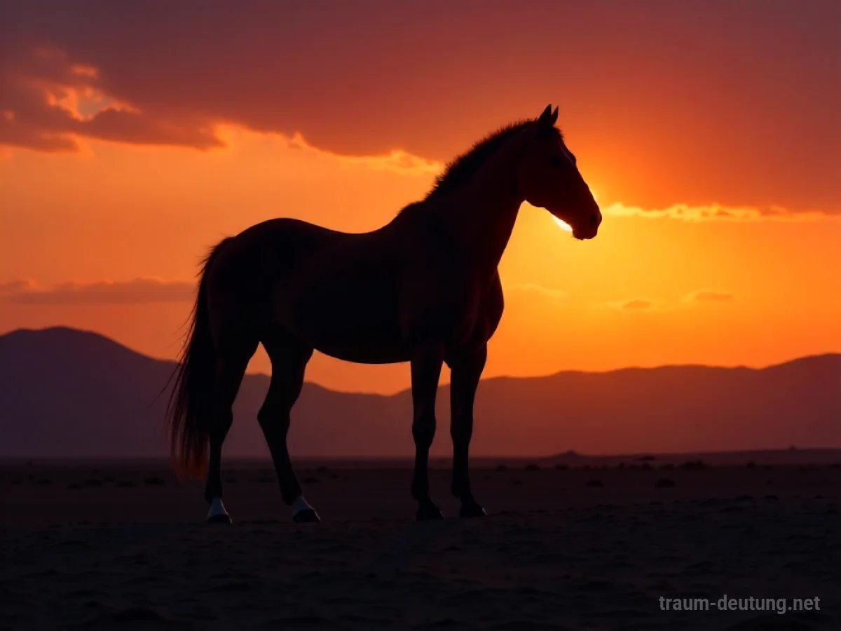 Silhouette eines arabischen Pferdes in der Wüste bei Sonnenuntergang.