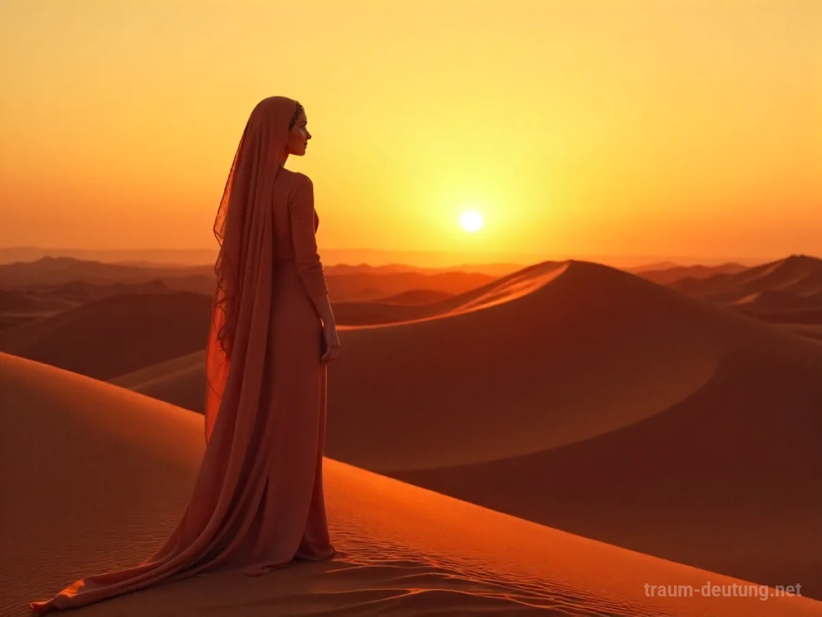 Silhouetten einer Frau in arabischer Kleidung am Horizont bei Sonnenuntergang