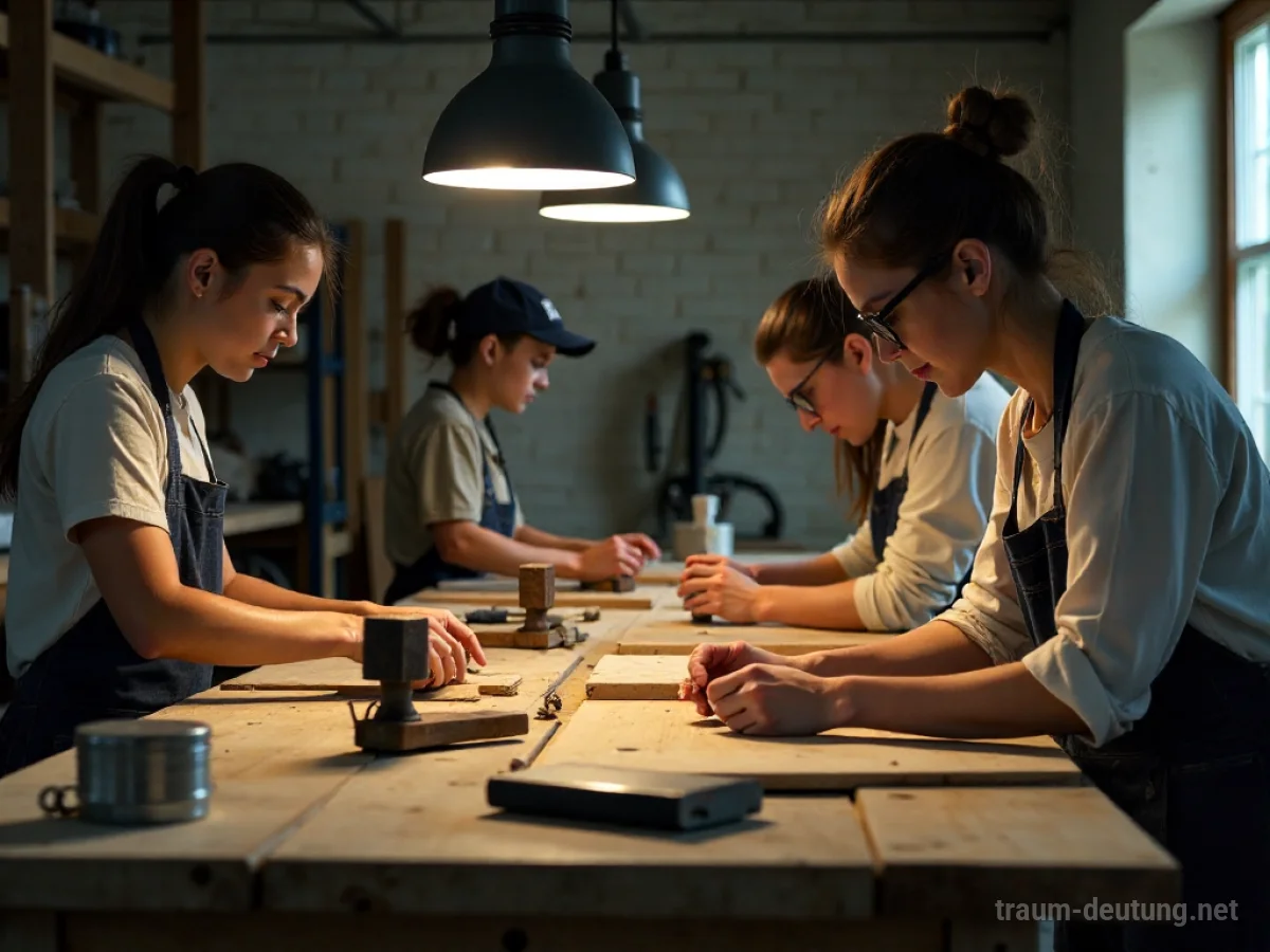 Menschen arbeiten konzentriert in einer Werkstatt an verschiedenen Aufgaben.