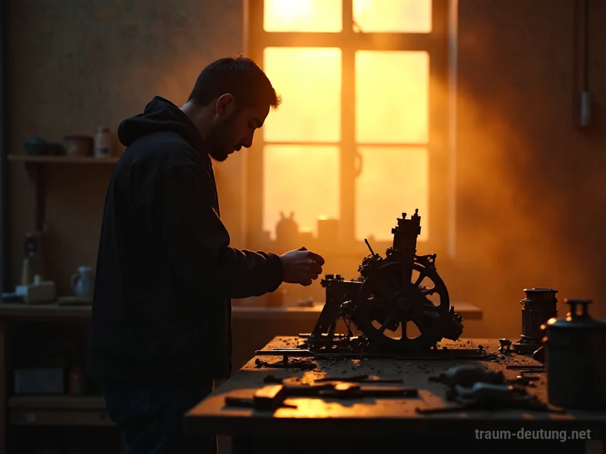 Ein Arbeiter repariert im Traum einen Mechanismus in einer Werkstatt.