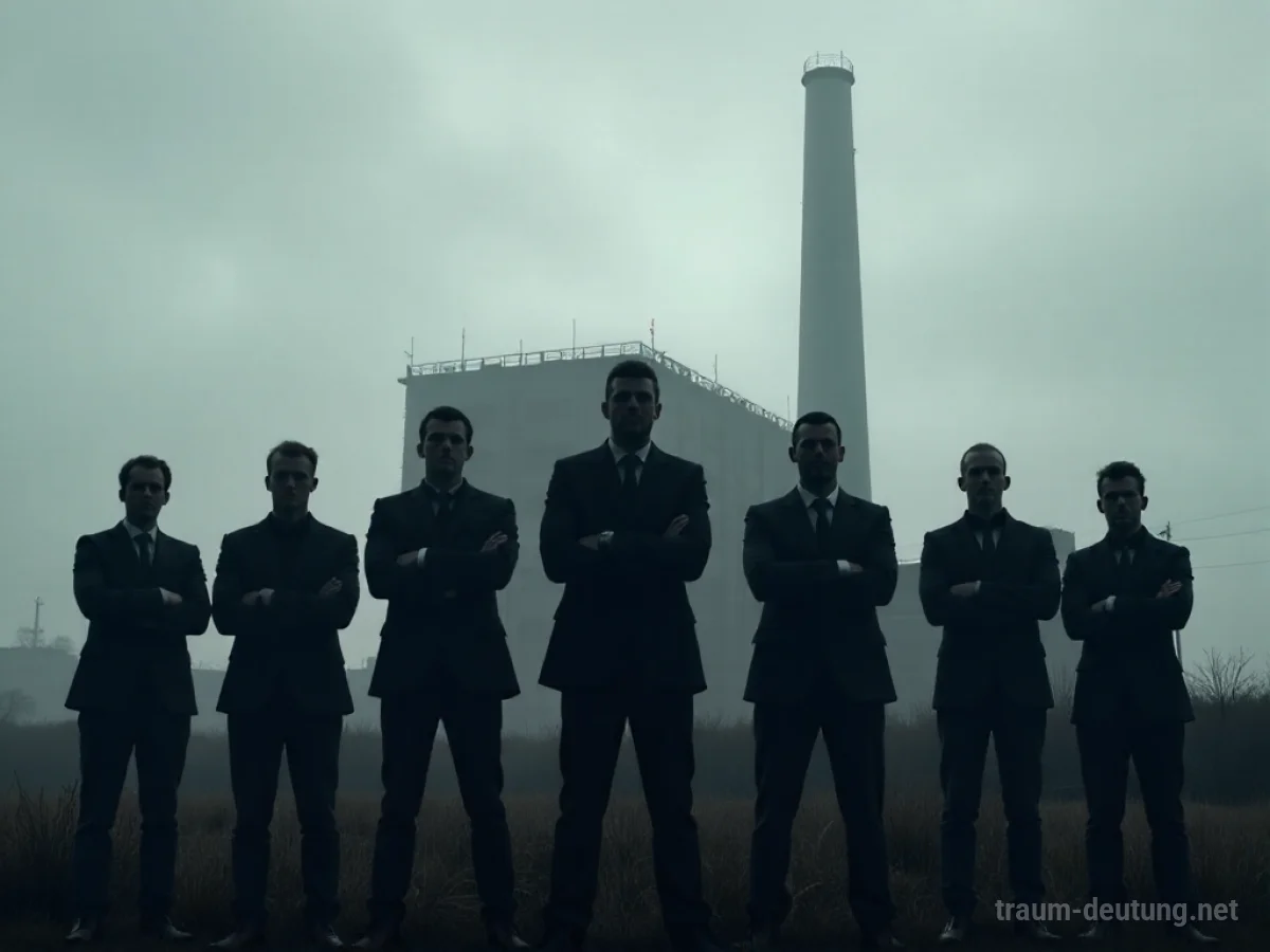 Silhouetten von streikenden Arbeitern vor einer Fabrik im Grau.