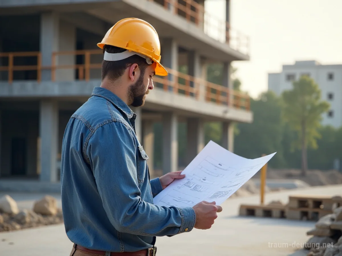 Architekt steht auf einer Baustelle und betrachtet Baupläne.