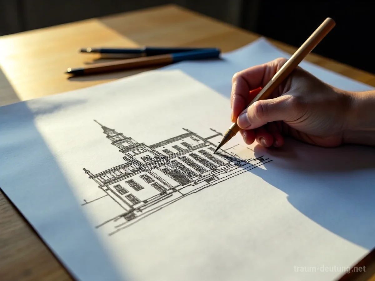 Architekt zeichnet einen Gebäudeplan mit Bleistift und Lineal auf Blaupause.