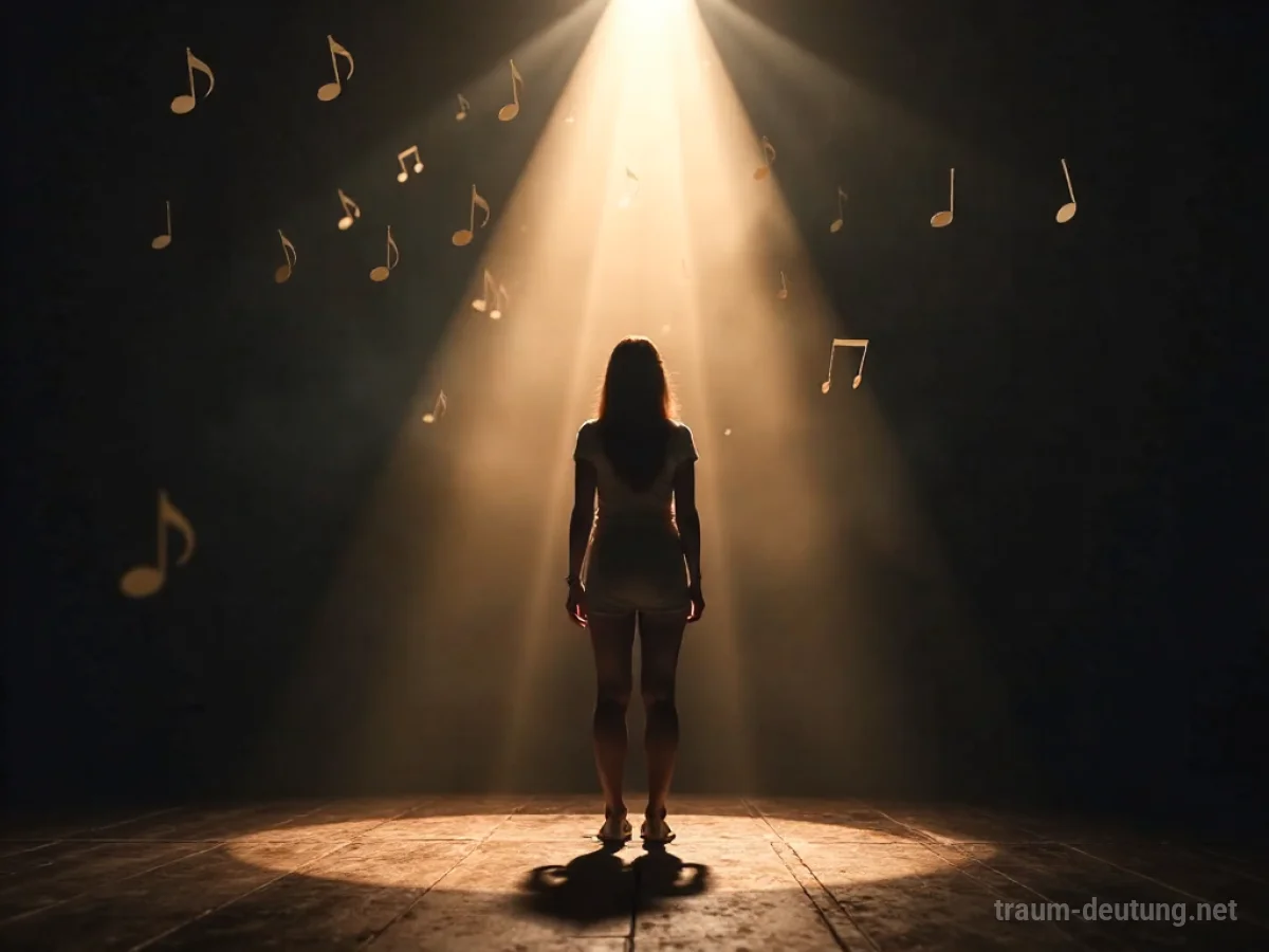 Silhouette einer Person auf einer Bühne, beleuchtet von einem Scheinwerfer, mit schwebenden Musiknoten.