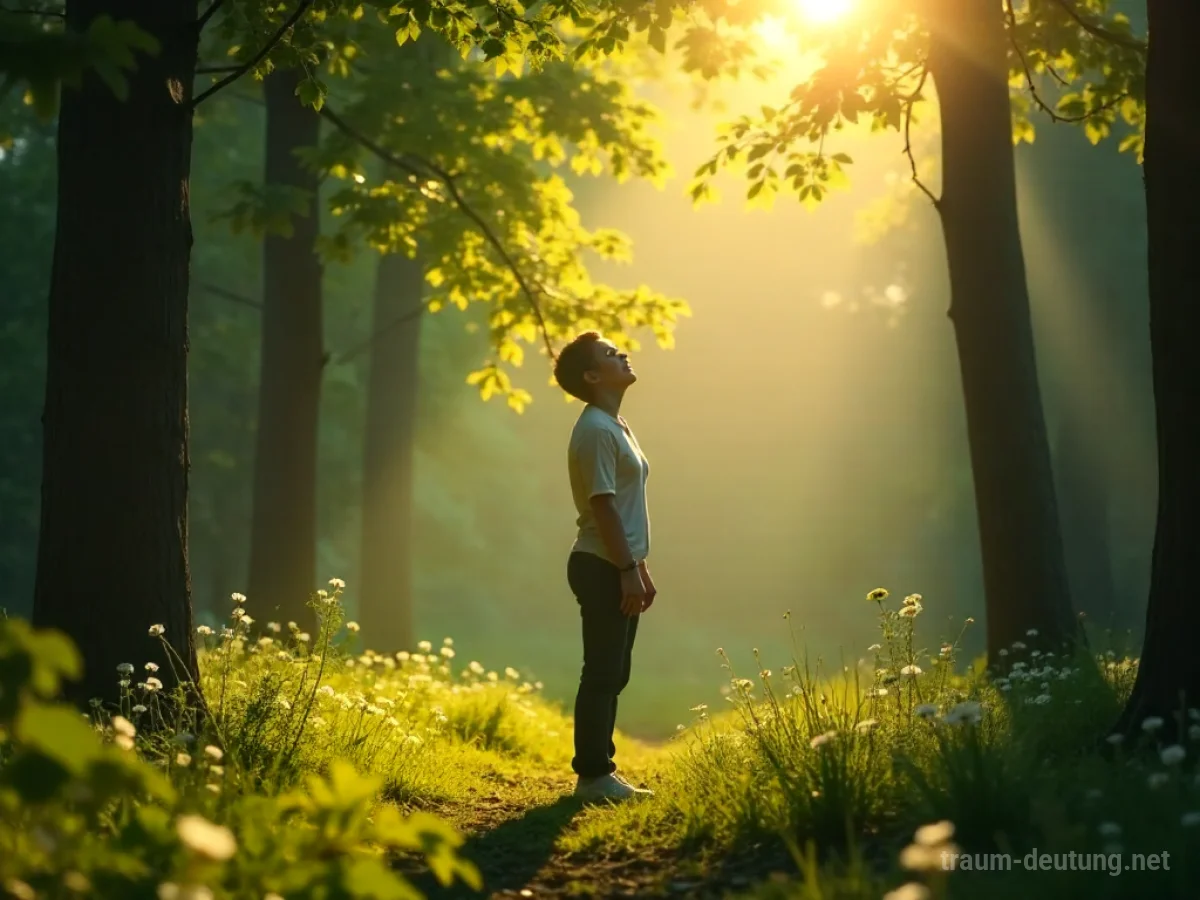 Eine Person singt in einer sonnigen Waldlichtung.