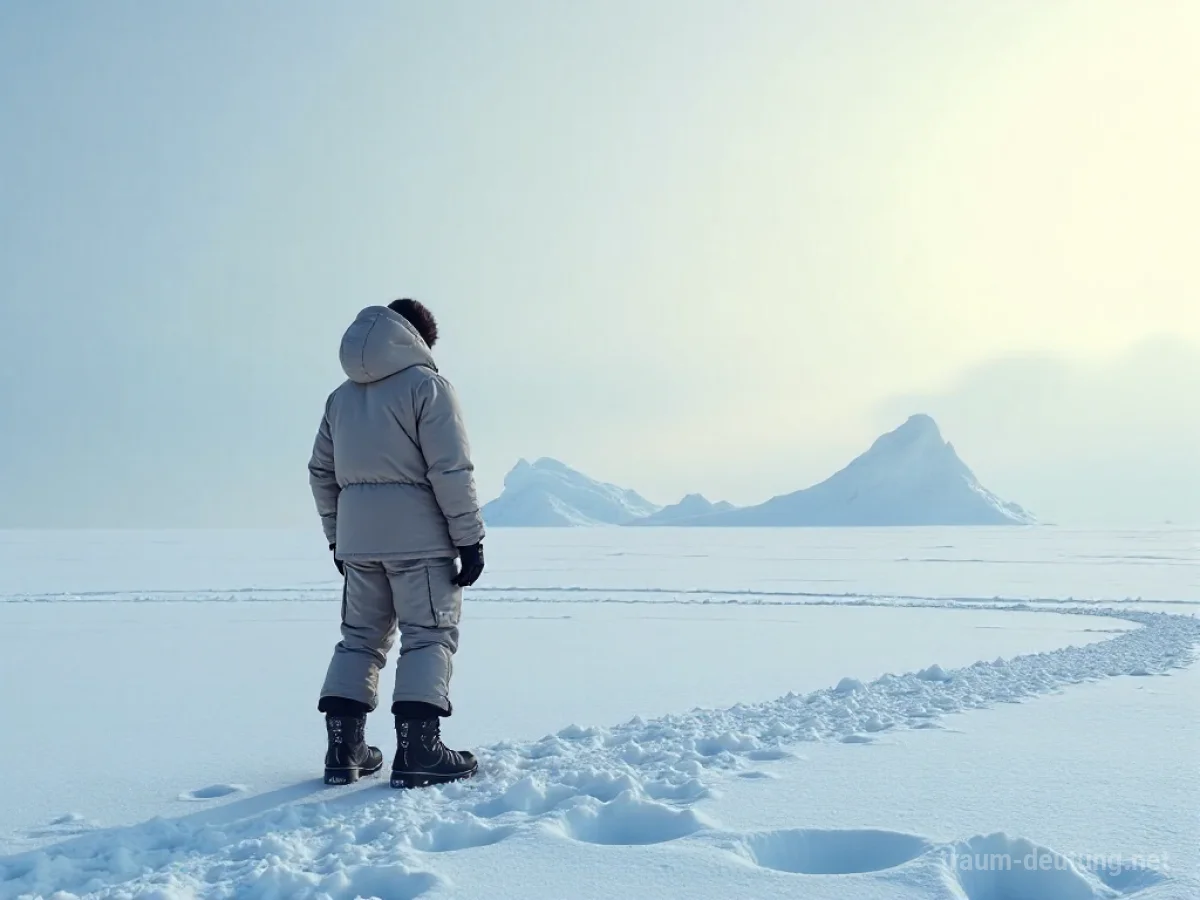Eine einsame Figur auf einer weiten, schneebedeckten Ebene unter einem kalten Himmel.