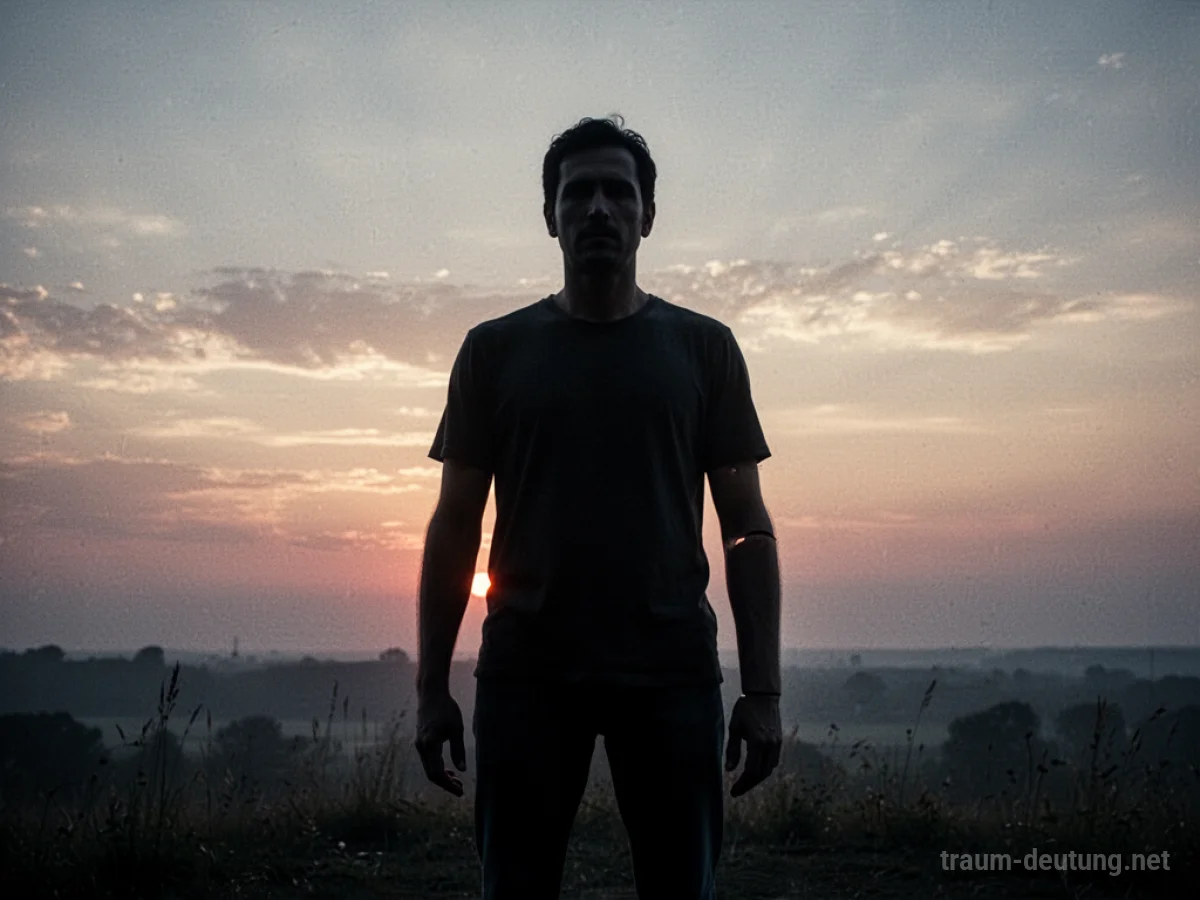 Silhouette einer Person ohne rechten Arm vor einem verblassenden Sonnenuntergang.