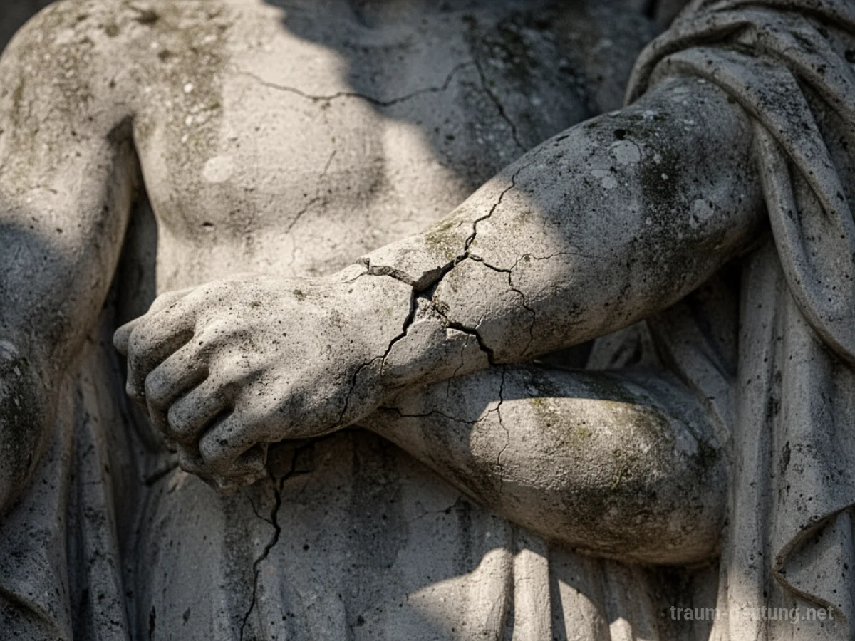 Ein steinerner Arm, der Risse aufweist und im Schatten liegt