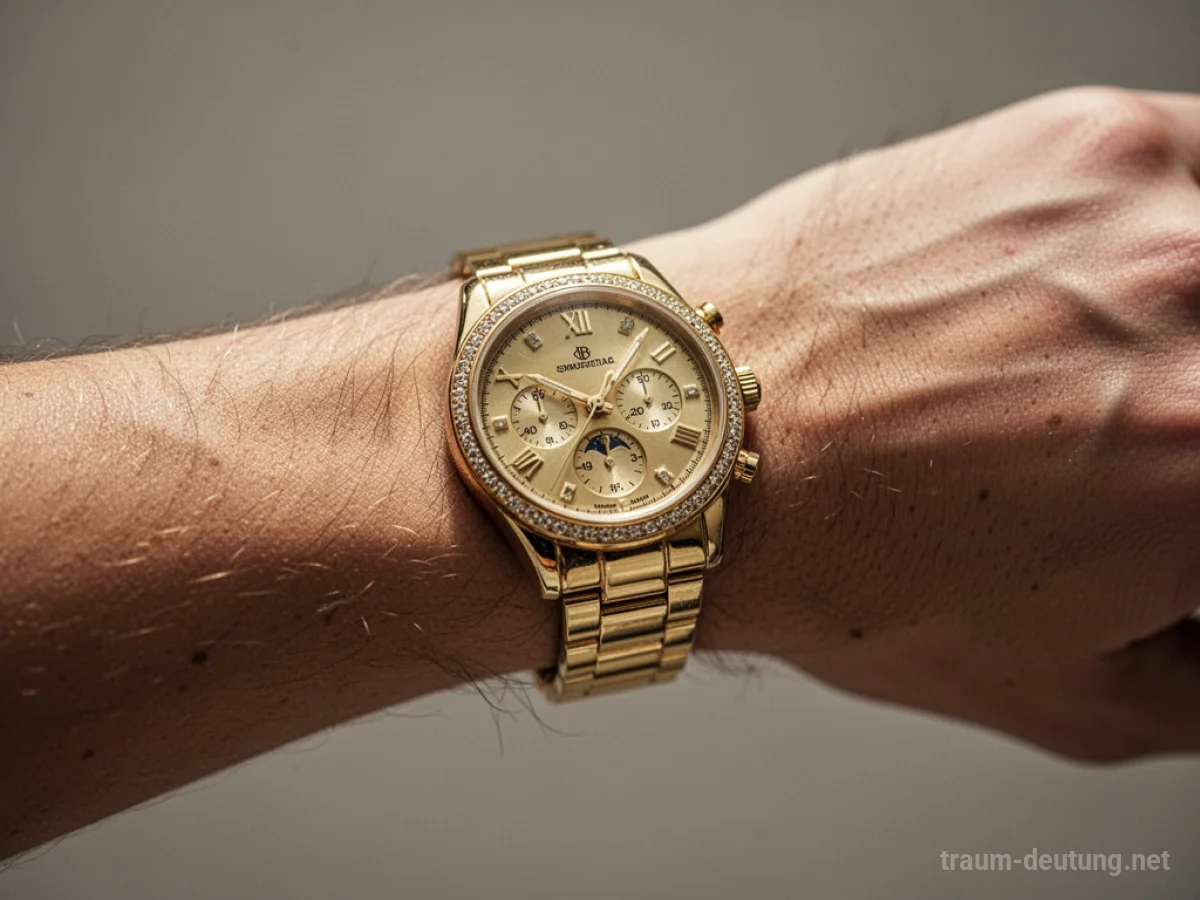Ein menschlicher Arm mit einer goldenen Armbanduhr.