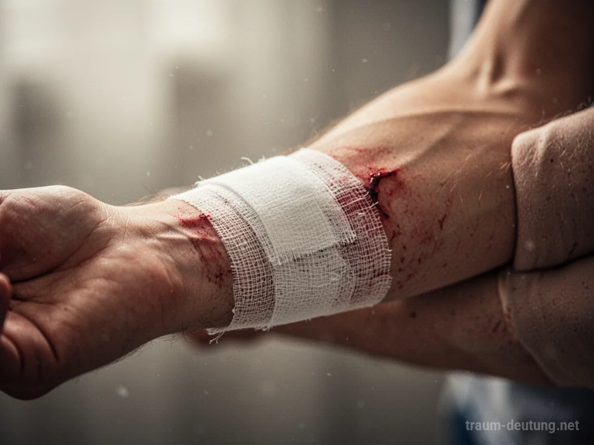 Ein menschlicher Arm mit einer verbundenen Wunde.