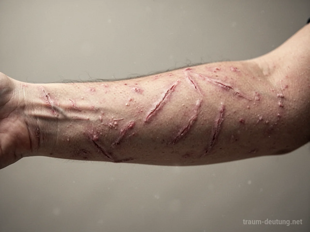 Ein menschlicher Arm mit vielen feinen Narben