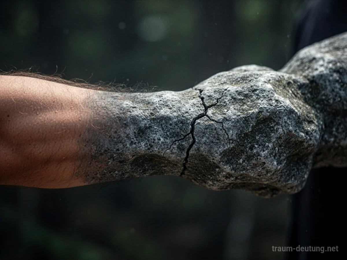 Ein menschlicher Arm, der sich in grauen Stein verwandelt.