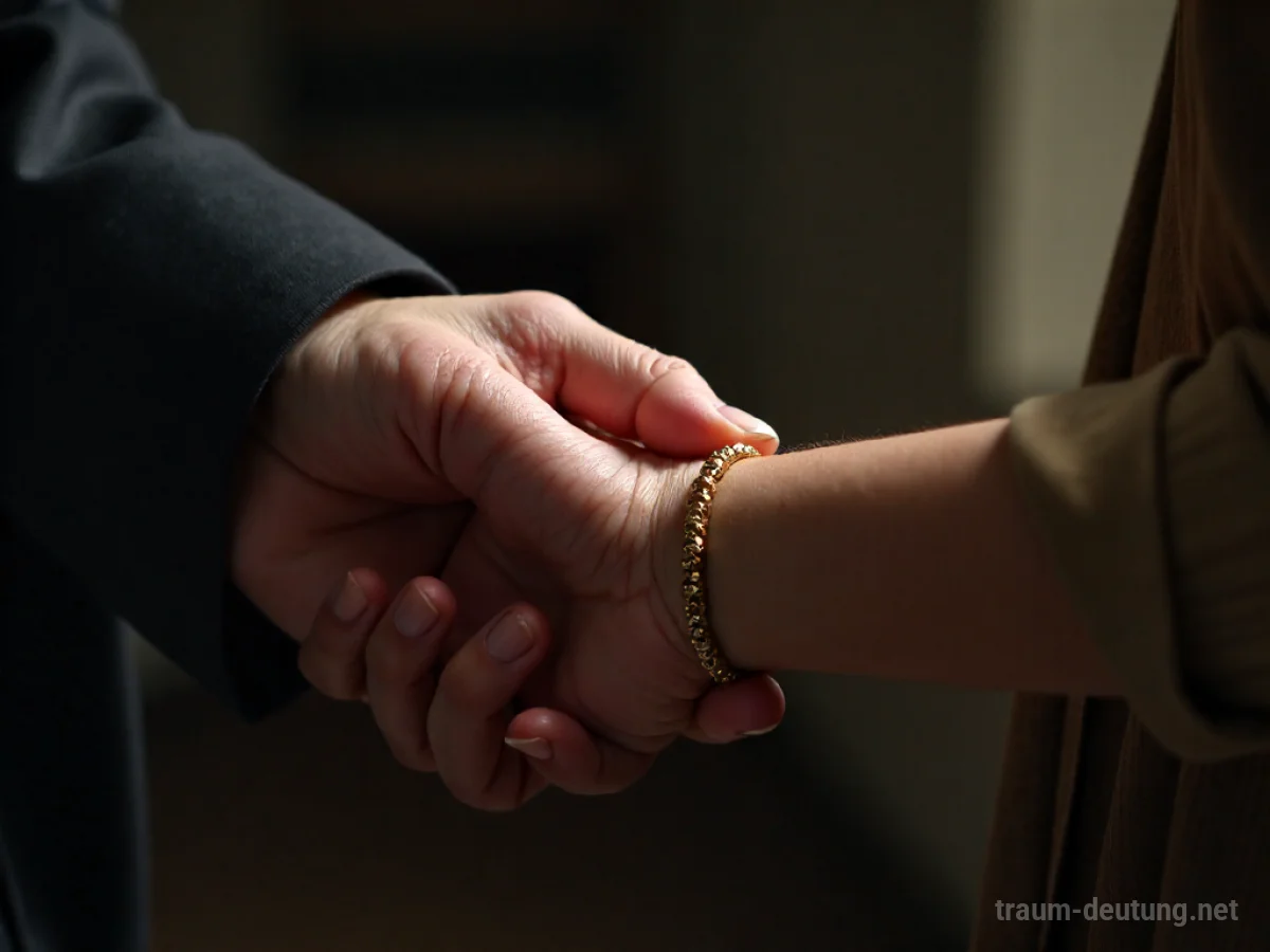 Eine Hand legt ein Armband um das Handgelenk einer anderen Person.