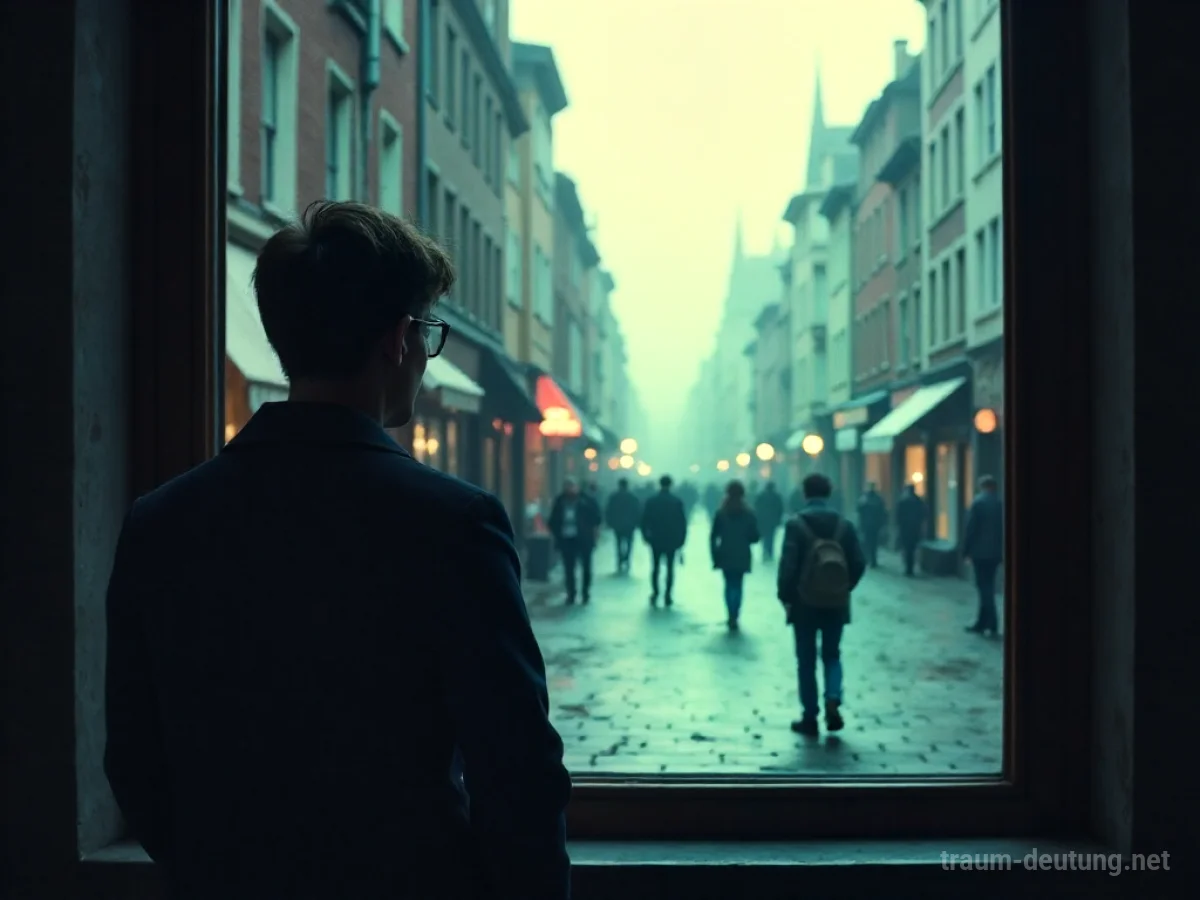 Eine Person blickt aus einem Fenster auf eine Straße mit mehreren Menschen.