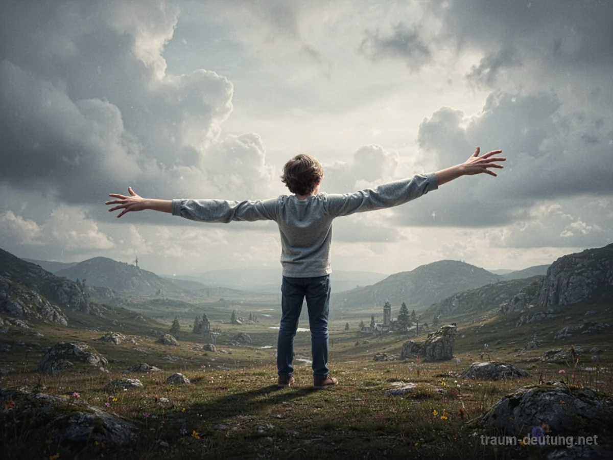 Mensch mit übermäßig langen Armen, die sich über eine weite Landschaft erstrecken.
