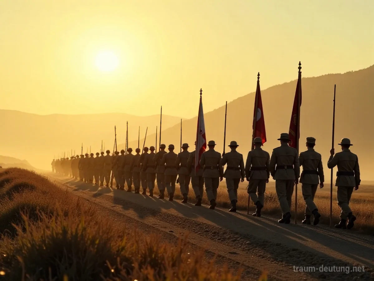 Disziplinierte Armee marschiert friedlich über eine sonnenbeschienene Landschaft.