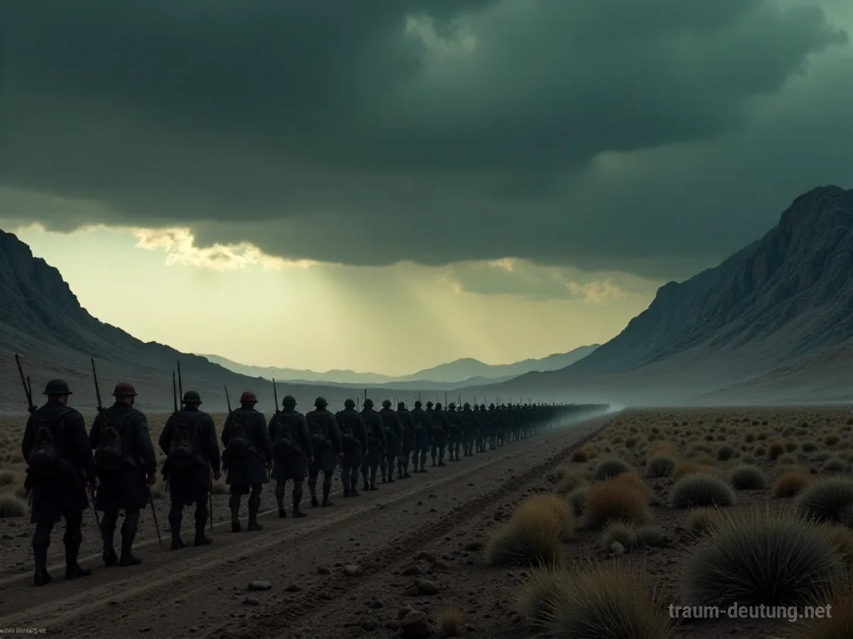 Armee marschiert über eine weite, leere Landschaft unter bedrohlichem Himmel.