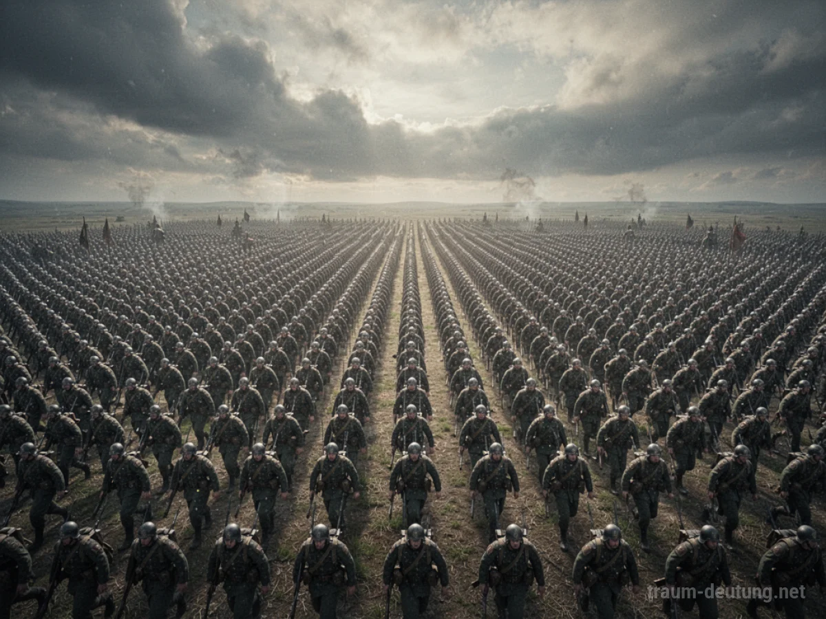 Formation einer Armee im Gleichschritt unter dramatischem Himmel