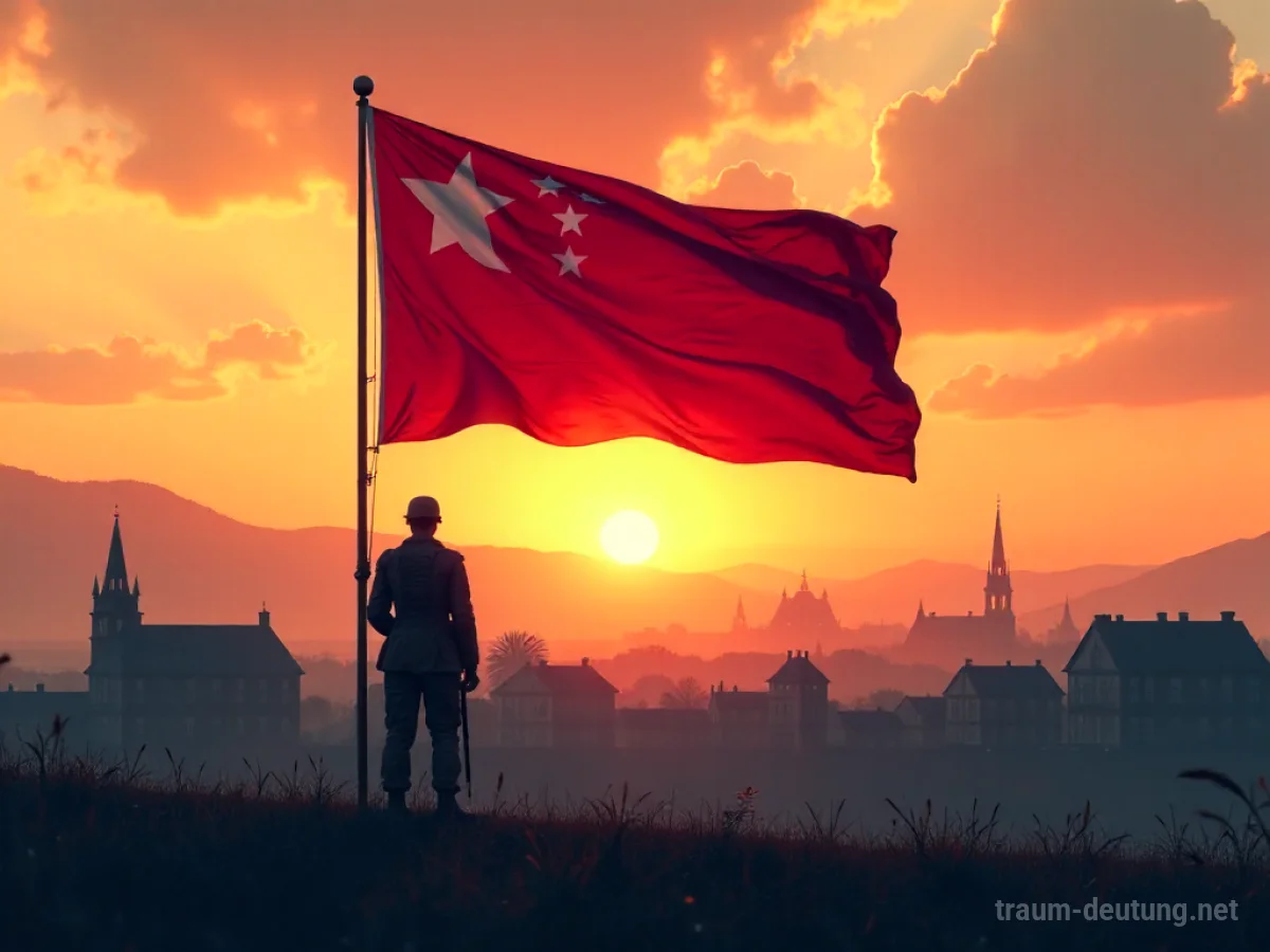 Silhouetten von Soldaten stehen schützend vor einer Stadtkulisse bei Sonnenaufgang.