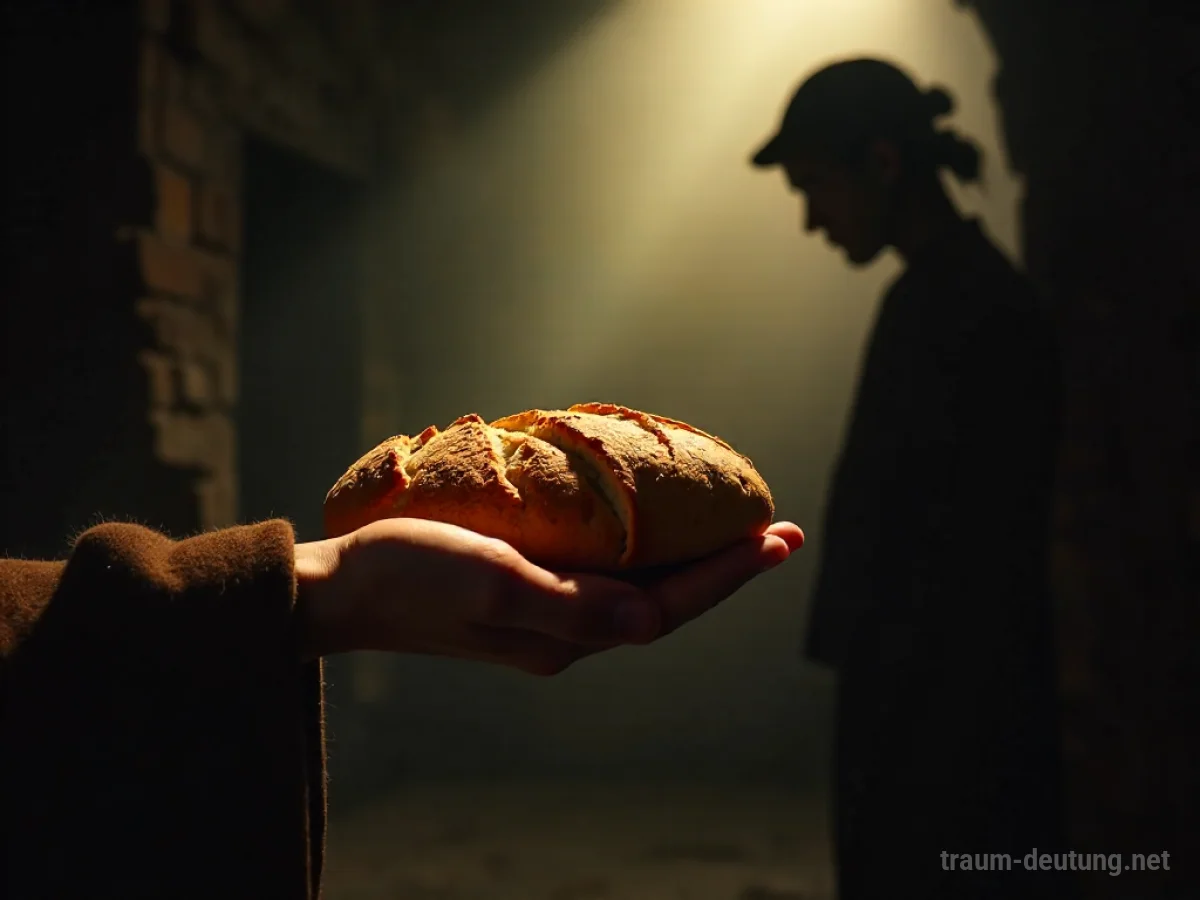 Hand reicht Brot an eine schattenhafte Gestalt
