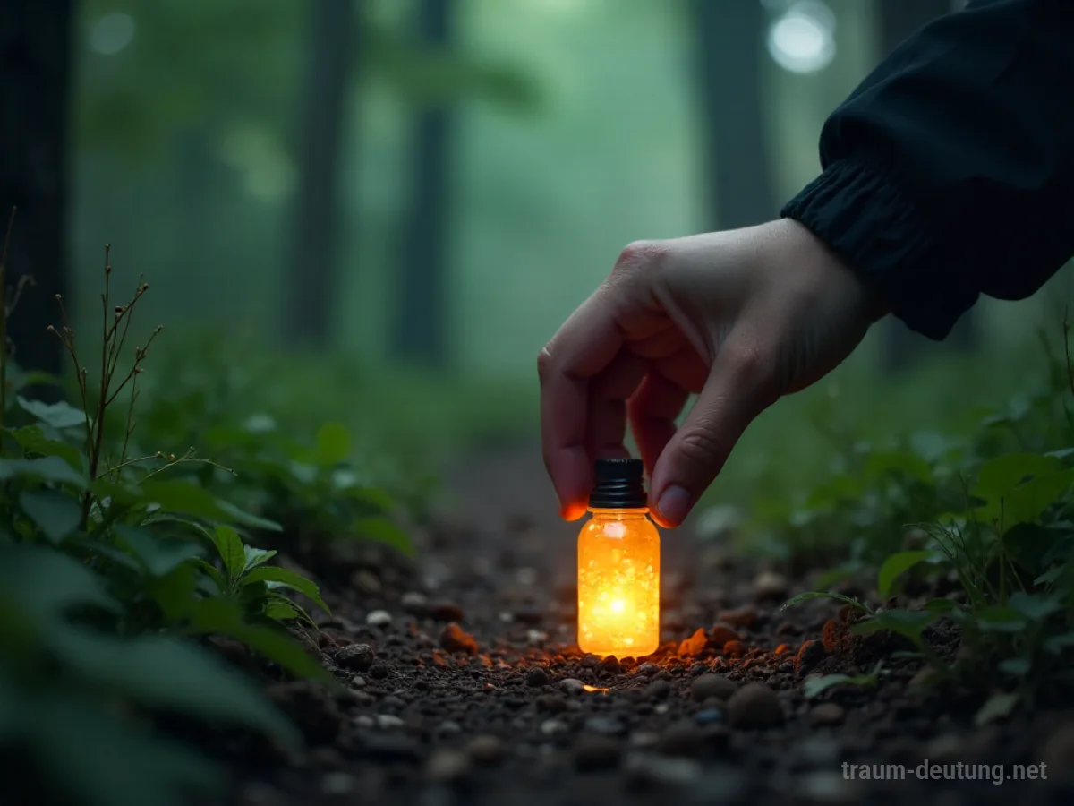 Hand greift nach einer leuchtenden Arzneiflasche im Wald.