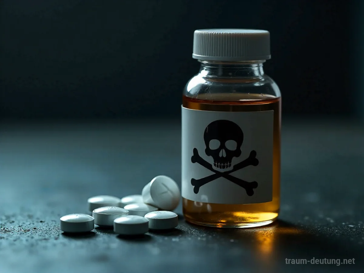 Flasche mit Arznei und Totenkopf-Symbol, umgeben von Pillen