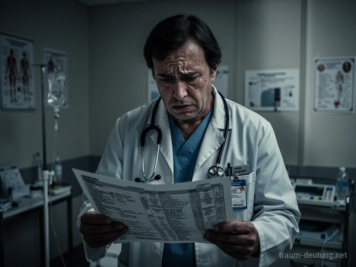 Arzt mit ernstem Gesichtsausdruck hält Krankengeschichte in einem schwach beleuchteten Raum.