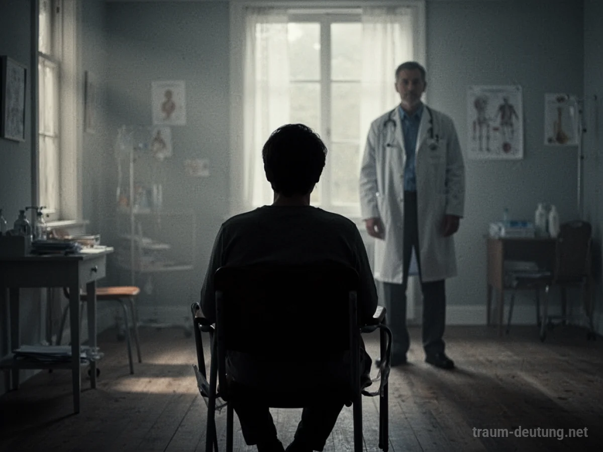 Silhouette eines Arztes, der im Hintergrund eines Raumes steht, während eine Person im Vordergrund sitzt.
