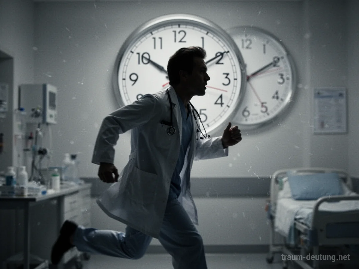 Silhouette eines Arztes, der zu spät zu einem Termin kommt, mit einer tickenden Uhr im Hintergrund.
