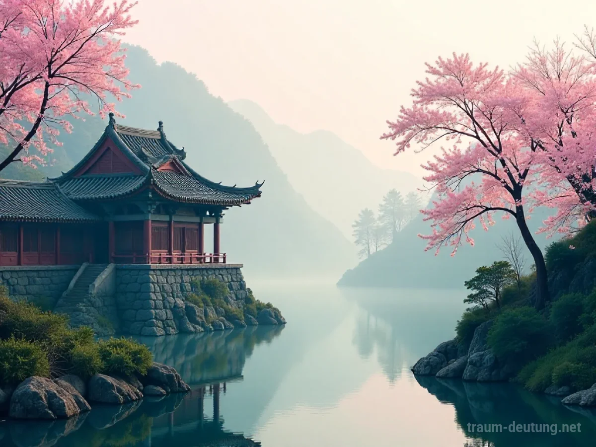 Traditionelle asiatische Architektur in einer friedlichen Landschaft.