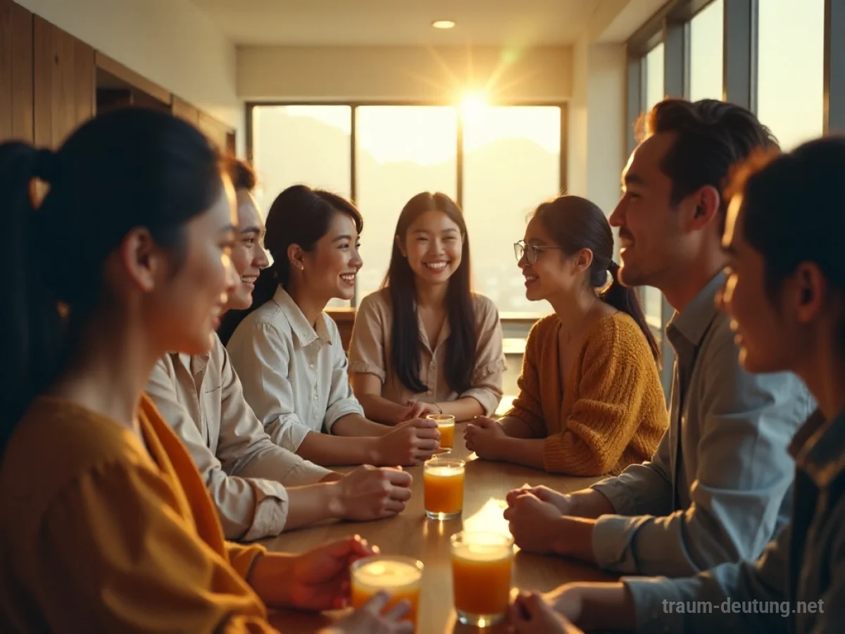 Eine Gruppe von Menschen asiatischer Herkunft, die sich in einem hellen Raum unterhalten.