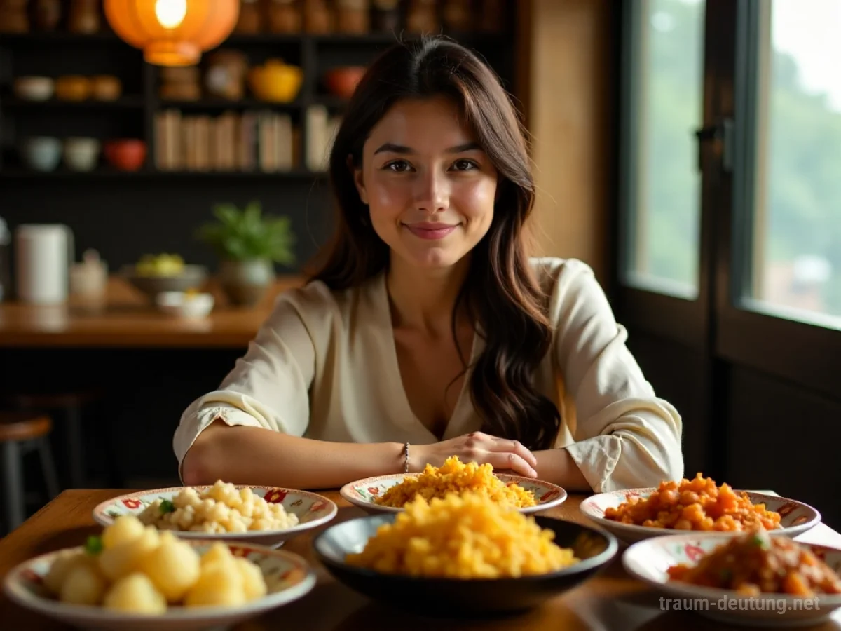 Eine Person probiert asiatisches Essen an einem Tisch mit vielen bunten Speisen.