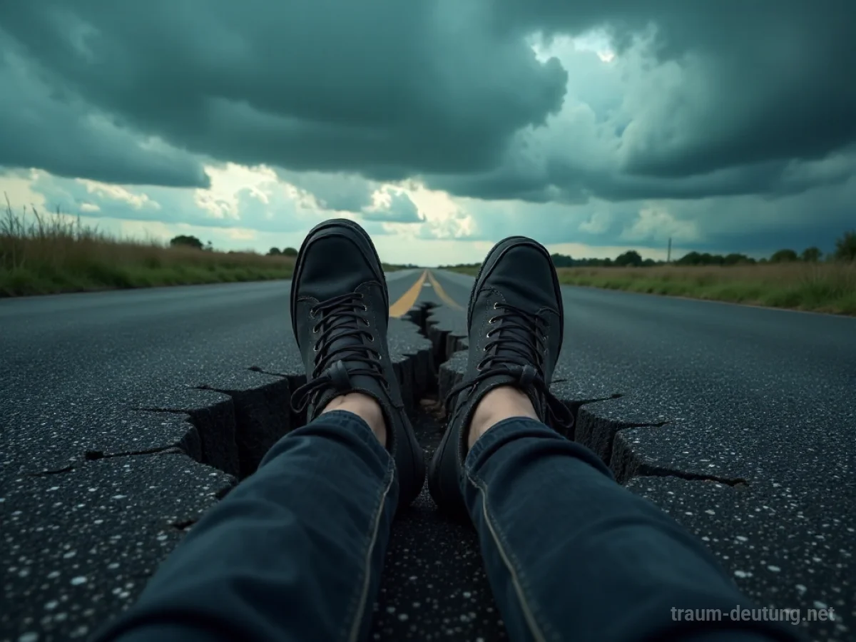Füße brechen durch rissigen Asphalt unter einem dunklen Himmel