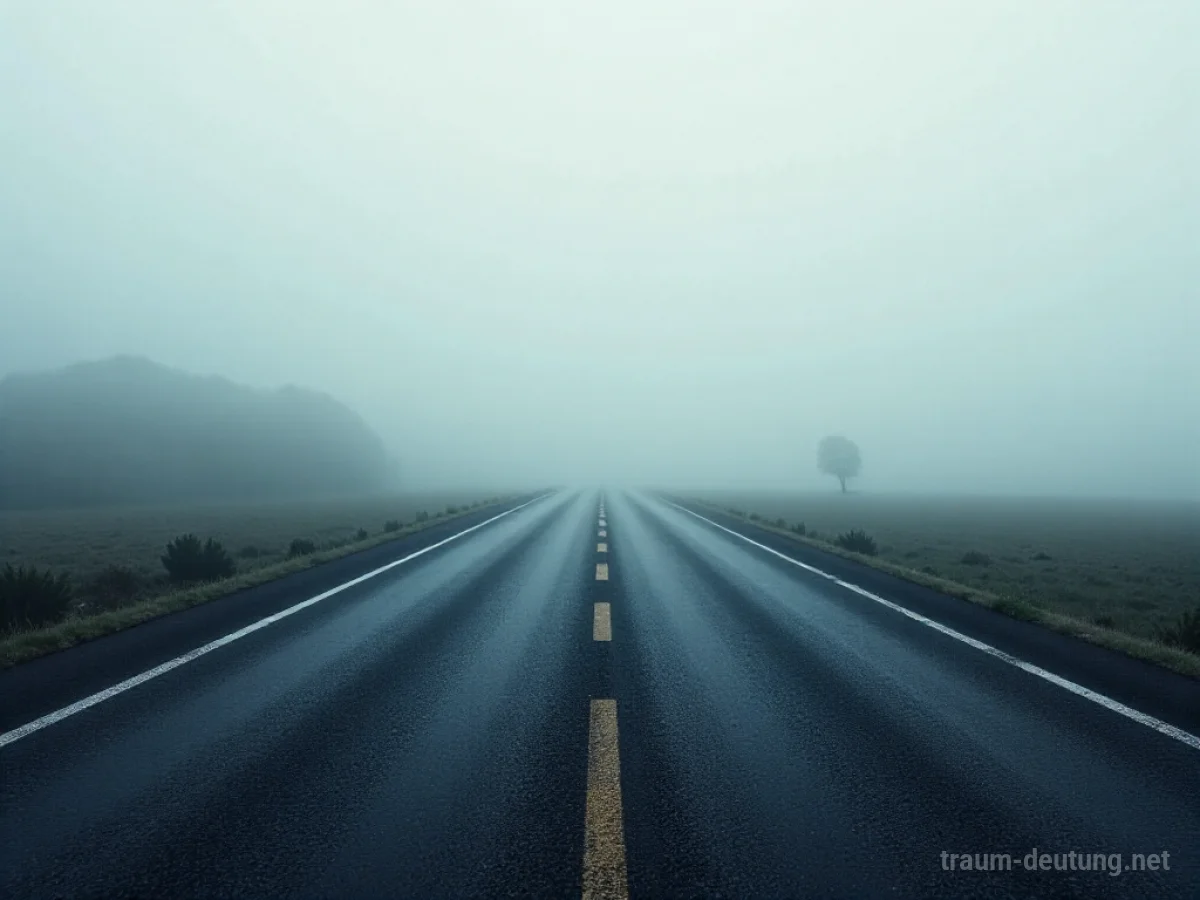 Leere Asphaltstraße, die in dichten Nebel führt.